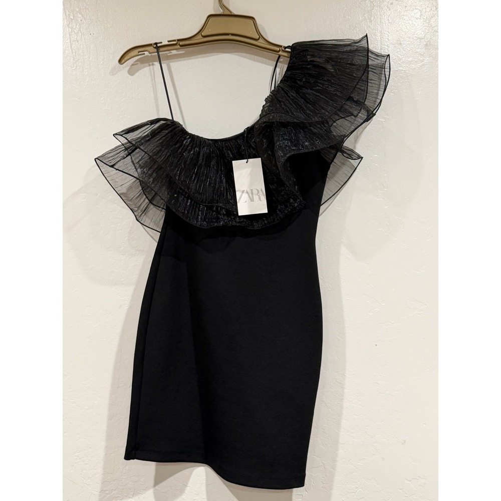 Zara Black One Shoulder Ruffle Cocktail Party Tulle Mini Dress Size S - Picture 2 of 7